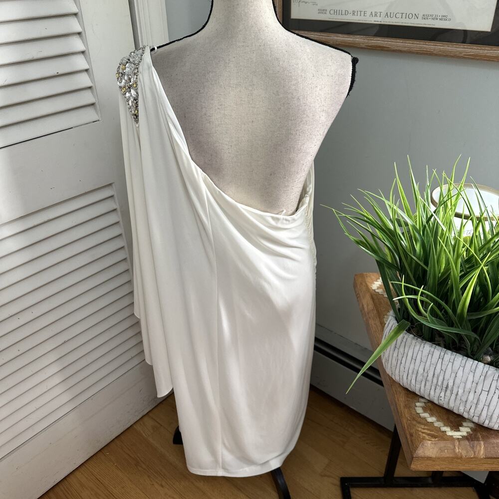 R&M Richards Dress 18W White One Shoulder Rhinestone Ruched Evening Formal Gala - Picture 6 of 10